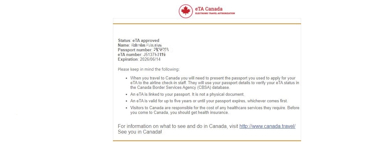 Correo electrónico de aprobación de la visa eTA de Canadá
